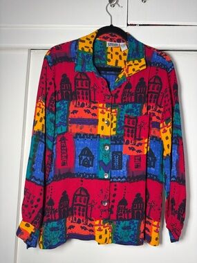 Vintage-Style Multicolor Patterned Women's Shirt